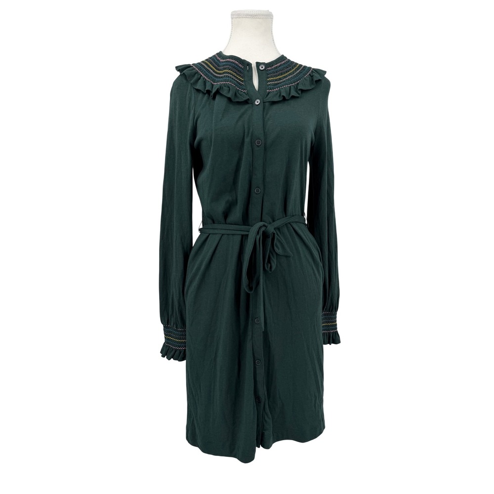 Boden Forest Green Jersey Shirt Dress Rainbow Smocking Ruffle Collar Size 6 R